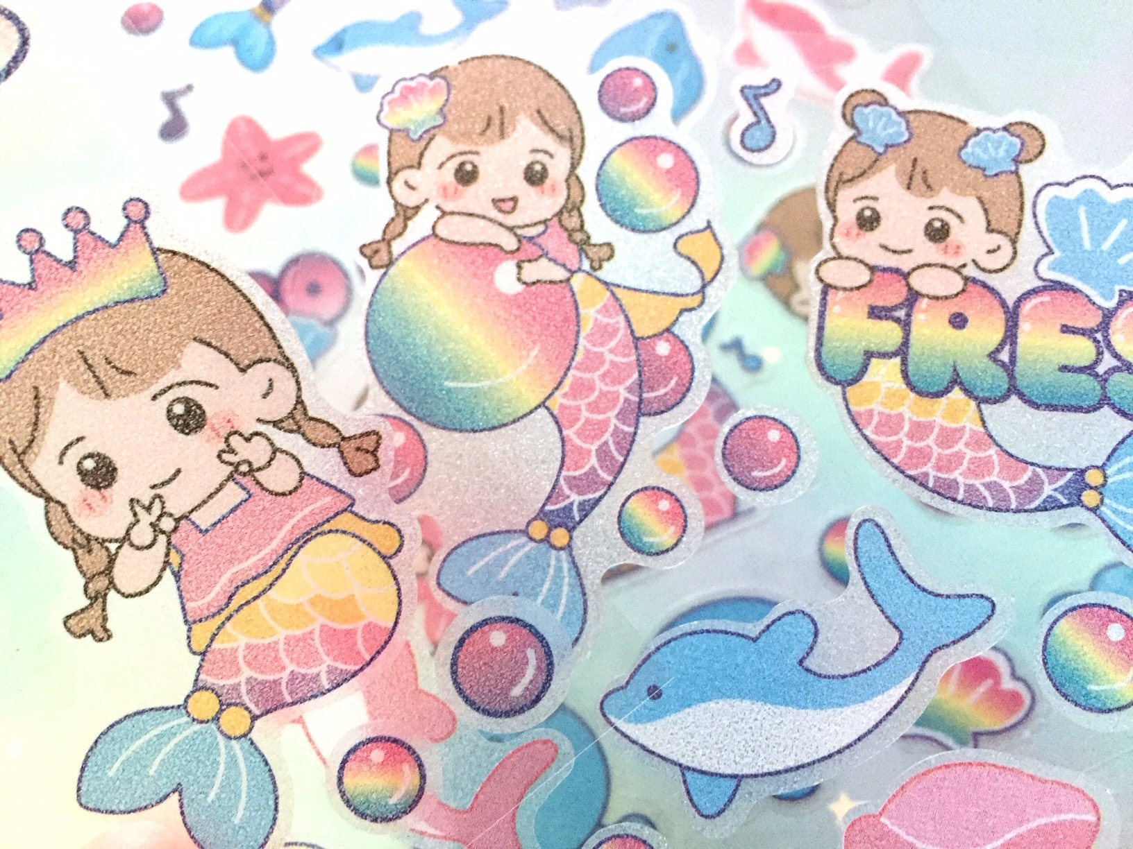 set of 4 Cute Mermaid stickers little mermaid theme colorful Mermaid princess starfish dolphin seashell fairy tale story sticker kids gift