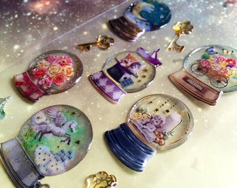 Fancy-Wasser-Kugel Aufkleber, tragen Einhorn Katze gelben Mond Geburtstagskuchen Engel Kaninchen Glaskugel Glasflasche Aufkleber