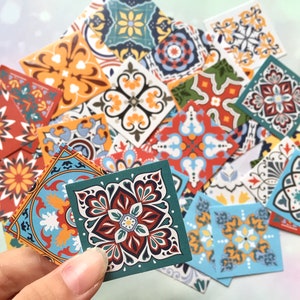 46 tile stickers mini tile Retro boho tile vintage Bohemian pattern Portuguese Moroccan Mexican ceramic tile doll house toy tile sticker