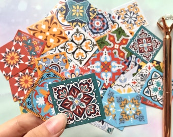 46 tile stickers mini tile Retro boho tile vintage Bohemian pattern Portuguese Moroccan Mexican ceramic tile doll house toy tile sticker