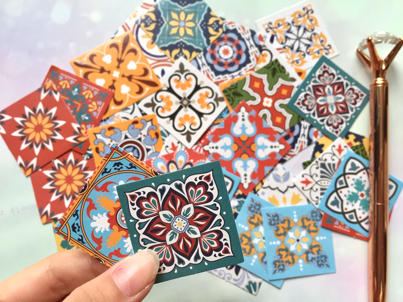 46 tile stickers mini tile Retro boho tile vintage Bohemian pattern Portuguese Moroccan Mexican ceramic tile doll house toy tile sticker