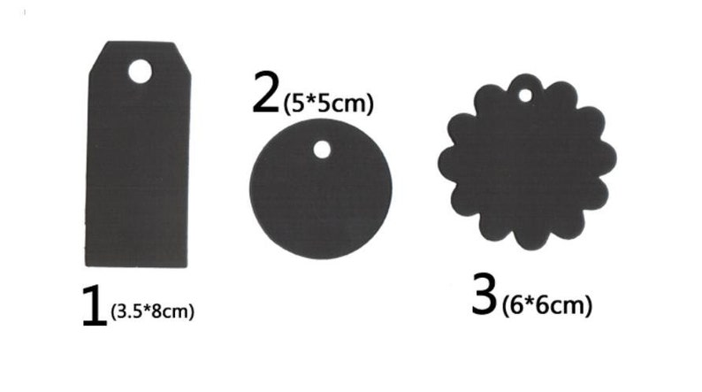 May include: Three black paper gift tags with different shapes and sizes. The first tag is a rectangle with rounded corners, measuring 3.5 inches by 8 inches. The second tag is a circle, measuring 5 inches in diameter. The third tag is a scalloped circle, measuring 6 inches in diameter.