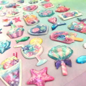 Adesivo epóxi com tema de sereia bonita, sobremesa, comida, concha, estrela do mar, sereia, coquetel, doces de verão, mini mar, mundo, comida, festa, artesanato, presente