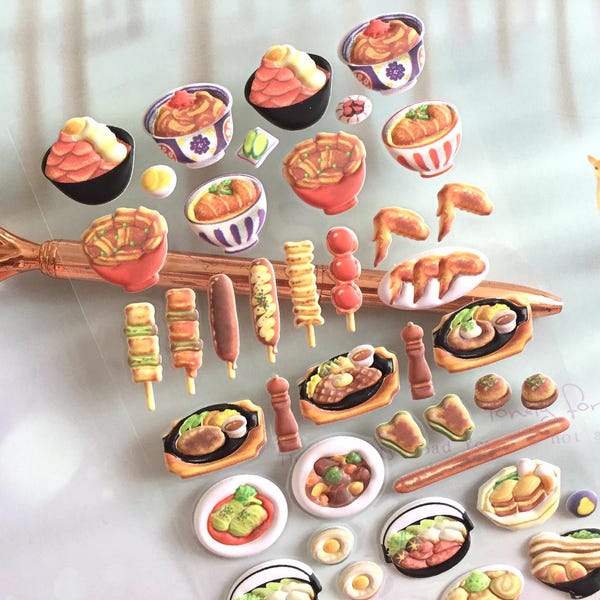 56 Teppanyaki grilled skewers puffy stickers Japanese cuisine Kushiyaki BBQ ramen Asian food art mini food party decor craft sticker gift