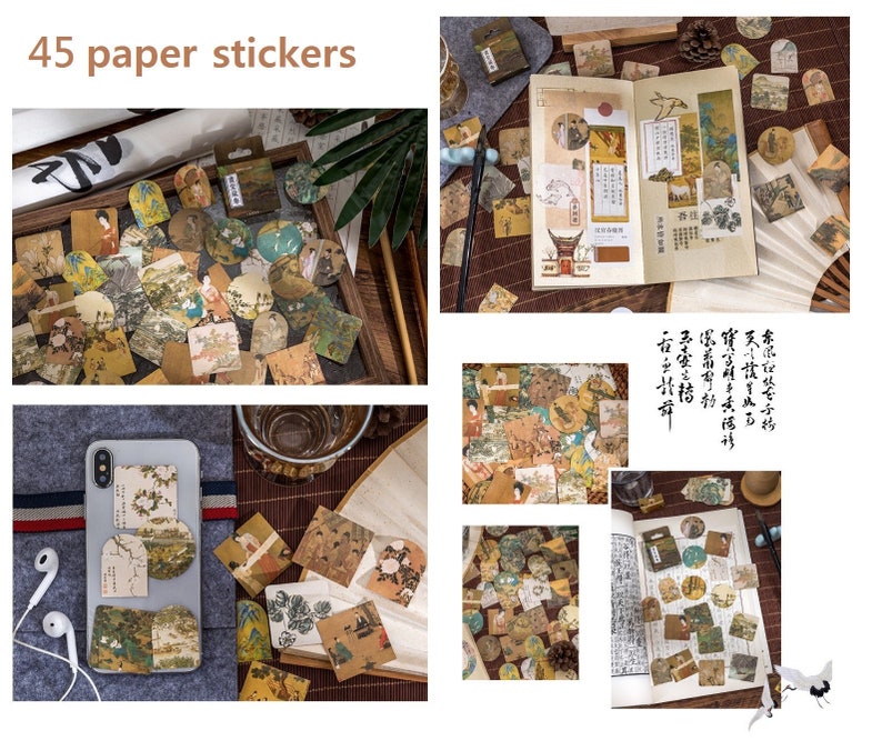 May include: 45 paper stickers with a vintage Japanese aesthetic. The stickers feature illustrations of landscapes, people, and buildings. The stickers are arranged on a variety of surfaces, including a notebook, a phone case, and a wooden tray.