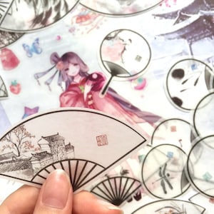 20 mini adesivi per ventagli di carta, arte cinese, fiore, uccello, paesaggio, carta da disegno, decorazione, ventaglio di carta, arte orientale, shui mo, etichetta regalo con tecnica mista