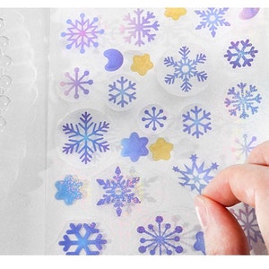 winter sneeuwvlokken sticker kerst sneeuwvlokken gele ster blauwe maansikkel bevroren sneeuwvlokken sneeuwvlokken pictogram label sticker cadeau decor