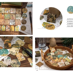 May include: A collection of vintage-style paper stickers featuring traditional Chinese artwork. The stickers are in various shapes and sizes, including circles, squares, and rectangles. The stickers are arranged on a wooden surface and in a wicker basket.