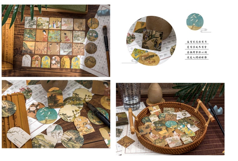 May include: A collection of vintage-style paper stickers featuring traditional Chinese artwork. The stickers are in various shapes and sizes, including circles, squares, and rectangles. The stickers are arranged on a wooden surface and in a wicker basket.