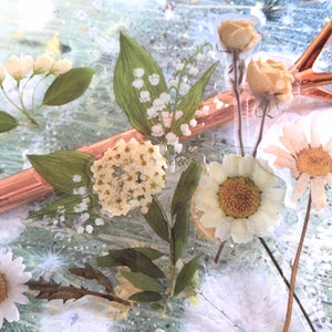 Adesivo epóxi de flor branca, rosa branca, margarida, flores prensadas, folhas, padrão, adesivo, floresta branca, floral, flant, diy, epóxi, mini tema de jardim, presente