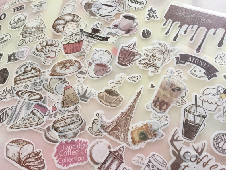 6 Sheets Coffee Breakfast Sticker Cartoon Cafe Wheat Bread - Etsy