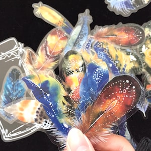 38 adesivos coloridos de penas azuis 2D garrafa grande pena indiana pele rara aquarela pena ícone etiqueta DIY pena tema artesanato decoração presente