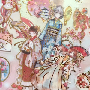 4 sheets Kimono girl sticker Japan cartoon comic girl old Tokyo ancient Japan beauty Japanese culture oriental decoration sticker gift