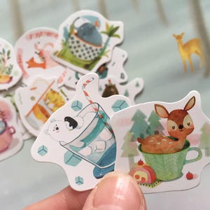 Sticker animal de la forêt animal dans une tasse chat chien canard renard phoque de la mer ferme écureuil mignon animal de compagnie animal label sticker enfants journal intime autocollant cadeau
