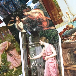 May include: A collection of vintage art prints featuring women in various poses and settings. The prints are in a variety of styles, including Pre-Raphaelite and Art Nouveau. The prints are all in good condition and would make a great addition to any art collection.