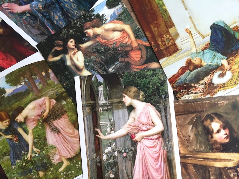 May include: A collection of vintage art prints featuring women in various poses and settings. The prints are in a variety of styles, including Pre-Raphaelite and Art Nouveau. The prints are all in good condition and would make a great addition to any art collection.