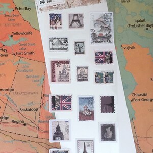 May include: A sheet of vintage-style postage stamp stickers featuring images of landmarks, flags, and other designs. The stickers are printed on white paper with a light brown border. The text "Miss Time" is printed in the top right corner of the sheet.