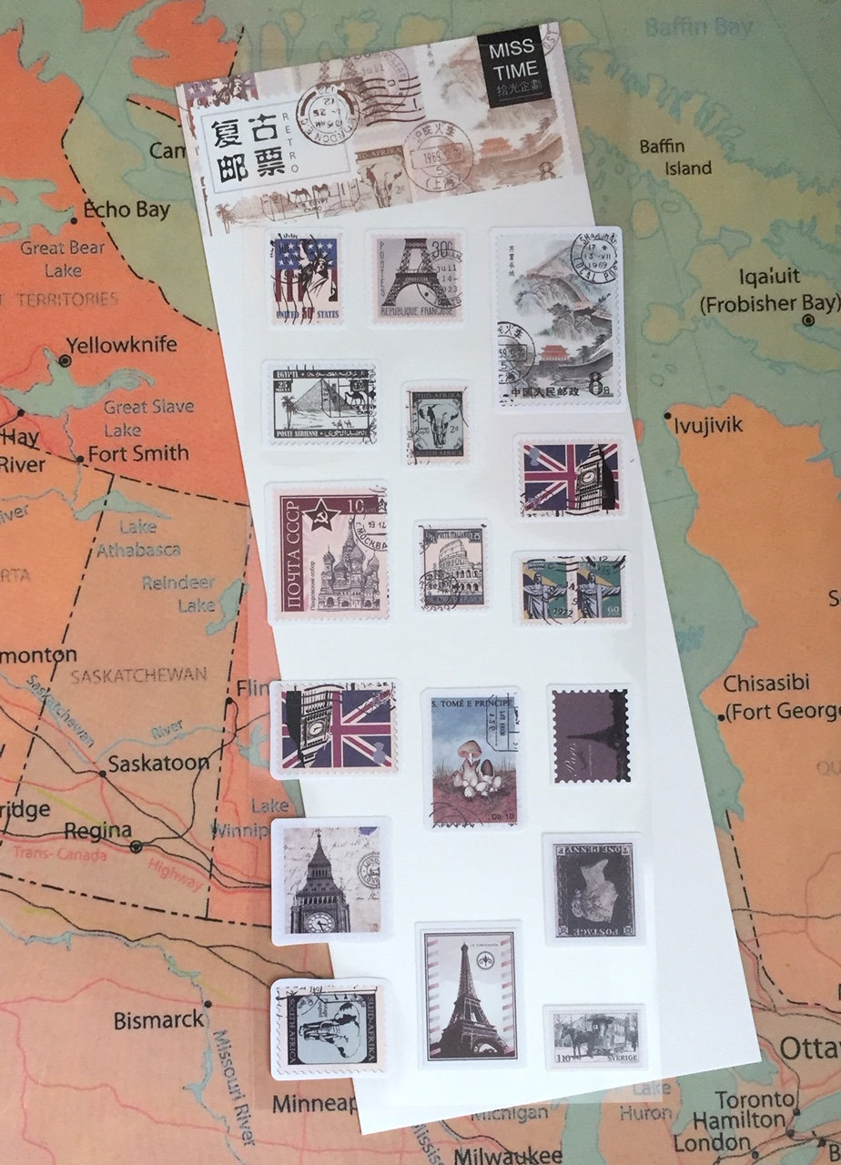 May include: A sheet of vintage-style postage stamp stickers featuring images of landmarks, flags, and other designs. The stickers are printed on white paper with a light brown border. The text "Miss Time" is printed in the top right corner of the sheet.