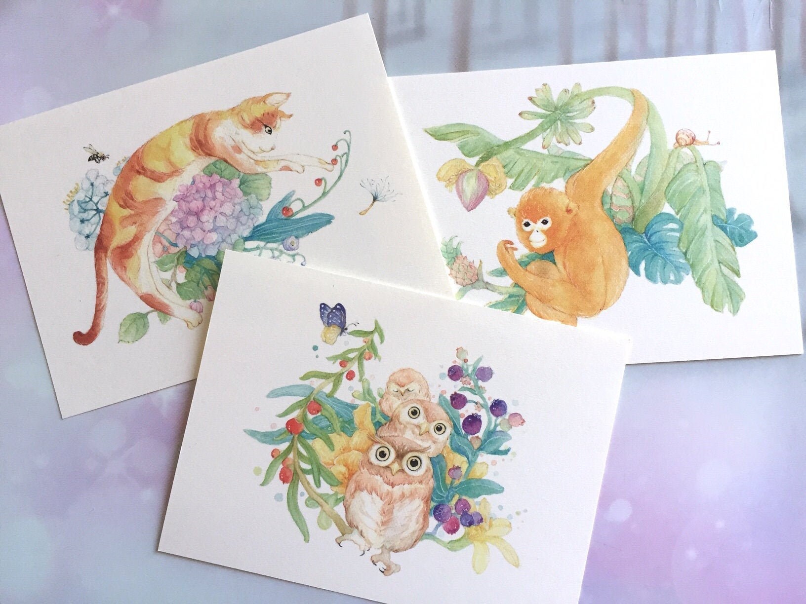 7 colorful animal postcard chameleon frog monkey owl goldfish rabbit pet cat paper cards embellishment mini drawing art journal deco gift
