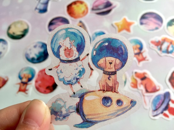 32 fancy Outer Space theme stickers animal astronauts spaceship rocket ship mini planets mystery night Galaxy world boy sticker kids gift
