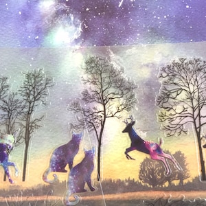 Adesivo de floresta misteriosa, animal de floresta, unicórnio, veado, gato, floresta escura, árvore, noite estrelada, conto de fadas, decoração mundial, presente