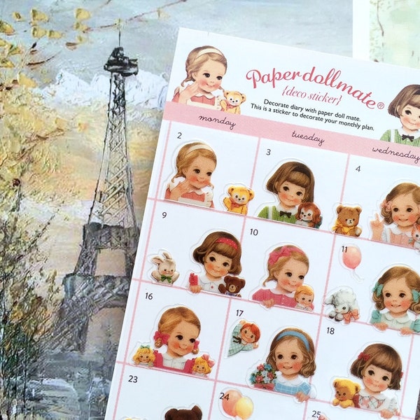 Entzückendes Kleinkindmädchen deco Aufkleber, süßes Mädchen Retro- Spielzeug-Teddybär Papierpuppe mate braunes Haar Vintages Dolly blondes