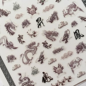 Sticker animal mythologie Dragon oriental ancien dragon chinois tigre sauvage phénix oriental oiseau tatouage art motif décor étiquette d'art d'ongle