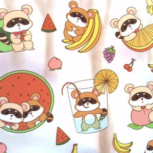 Pegatina de mapache, panda rojo, fiesta de frutas, animal lindo, animal raro, pegatina de animal de dibujos animados, mapache, sandía, plátano, etiqueta, pegatina de animal kawaii