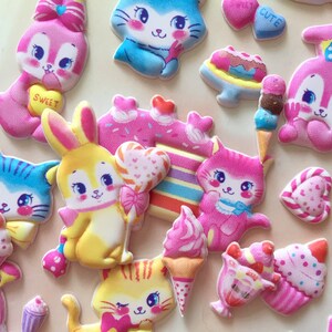 Vintage Hase Party Sticker Erdbeer-Thema Kuchen Eis süßes Herz Retro entzückende Kaninchen Katze Puffy Aufkleber Kinder Geschenk DIY Dekor Handwerk