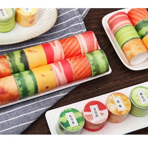 Sushi washi-afplaktape 3 m x 3 cm DIY grappig Japans eten ambacht Zalm gegrilde vis komkommer kaas watermeloen spek eten hack stickercadeau