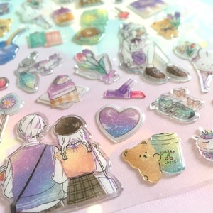 Little couple girly sticker cartoon girl puppy love teddy bear rabbit mini flower cute little things collage girl story epoxy sticker gift
