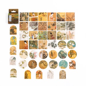 May include: A set of 40 vintage-style decorative stickers featuring various scenes of traditional Chinese art. The stickers are in a variety of shapes, including circles, squares, and arches. The stickers are printed on a white background with a variety of colors, including gold, red, blue, and green.