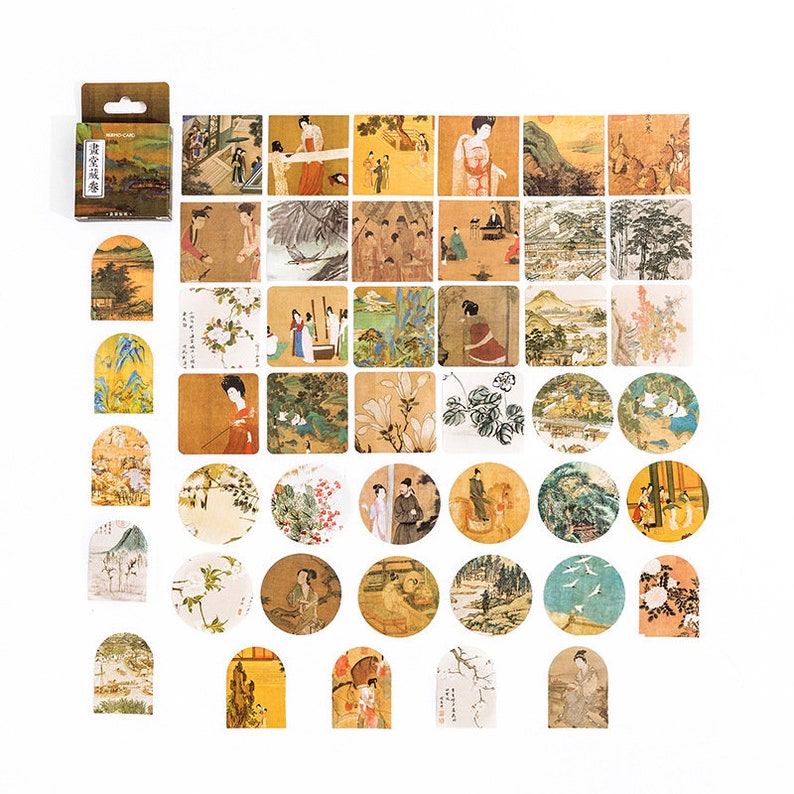 May include: A set of 40 vintage-style decorative stickers featuring various scenes of traditional Chinese art. The stickers are in a variety of shapes, including circles, squares, and arches. The stickers are printed on a white background with a variety of colors, including gold, red, blue, and green.