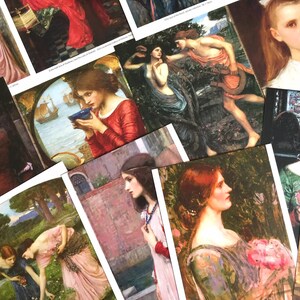 May include: A collection of vintage postcards featuring paintings of women in various poses and settings. The postcards are printed on thick cardstock and have a matte finish.