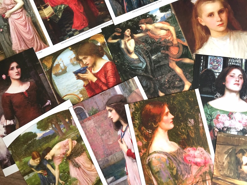 May include: A collection of vintage postcards featuring paintings of women in various poses and settings. The postcards are printed on thick cardstock and have a matte finish.