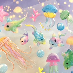 fancy rare fish deep sea creatures sticker rainbow fish tropical fish weird fish epoxy sticker jellyfish group colorful sea world deco gift image 1