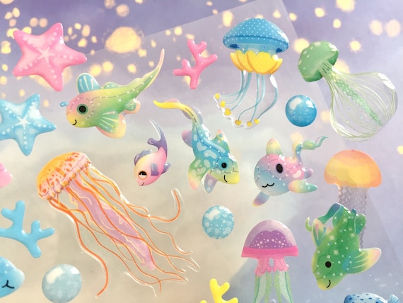 fancy rare fish deep sea creatures sticker rainbow fish tropical fish weird fish epoxy sticker jellyfish group colorful sea world deco gift