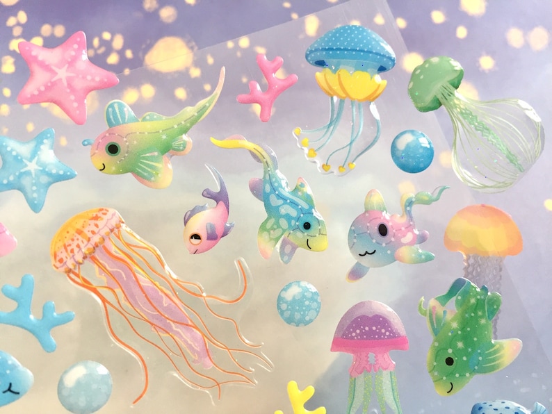 fancy rare fish deep sea creatures sticker rainbow fish tropical fish weird fish epoxy sticker jellyfish group colorful sea world deco gift image 1