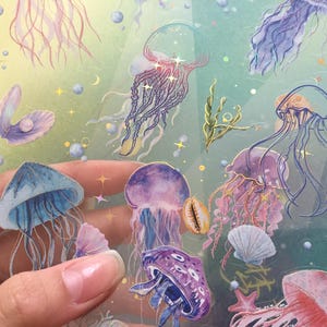 Pegatinas de medusas submarinas, elegante mundo marino, concha marina, bonita etiqueta de medusa, pequeña concha marina, mini estrella de mar, pegatina con temática del mar azul profundo