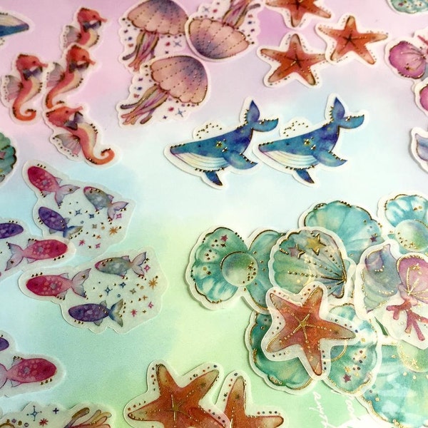 48 Ocean stickers under the sea whale seahorse jellyfish pearl shellfish seashell fancy underwater fish sea world seal label decor gift