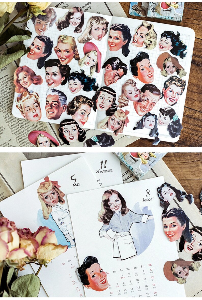 Retro Mini Sticker Retro Portrait Mini Photo Sticker Classic Beauty Black and White Photo ...