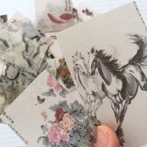 20 Adesivo per pittura animale con pennello cinese Shui mo paesaggio naturale cavallo asino gamberetti fiore pesce anatra piante mini pittura a inchiostro regalo d'arte