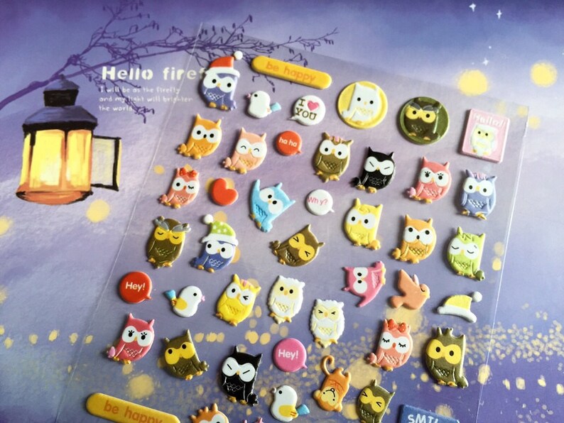 Cute Owl Sticker Colorful Owl Sticker Puffy Owl Stickers Pink Etsy