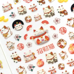 180 mini pegatinas de gato de la suerte Maneki-neko, colección de pegatinas para uñas de gato rico y afortunado, icono de gato pequeño de dibujos animados japonés, regalo decorativo