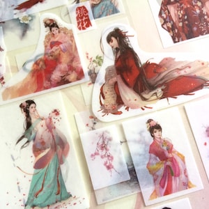 6 fogli di adesivi per ragazze antiche, bellezza asiatica vintage, ragazza adorabile, bella ragazza dei fumetti, arte cinese, icona della bellezza, diario, pianificatore, ragazza, icona, adesivo