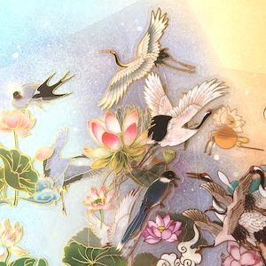 set van 4 kraanvogels lelie louts sticker Chinese kunst schilderij traditionele roze bloem kraanvogels zwaluw Aziatisch patroon fine art decor label cadeau