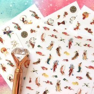 lot de 4 stickers fées chinoises 190 fée traditionnelle chinoise danse fille icône étiquette super mini sticker art oriental déco costume asiatique