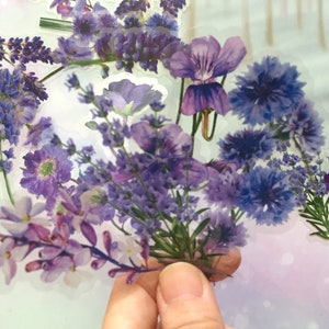 紫の花のステッカー、ファンシーな紫の庭、野生のアジサイ、ラベンダー、サルビア、花束、花の DIY フラワー ジャーナル、アート プロジェクト、装飾、プランナー、ギフト