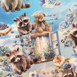 アライグマの花の庭のステッカー、漫画のアライグマの赤ちゃんアライグマ、かわいい森の動物、かわいい珍しい動物のプランナーラベルステッカー、子供の工芸品、デコギフト