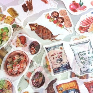 6 fogli di adesivi a tema alimentare, cibo occidentale, cibo orientale, cibo da strada, fast food, cibo asiatico, pianificatore alimentare, festa del cibo, ricette, decorazione etichetta adesiva